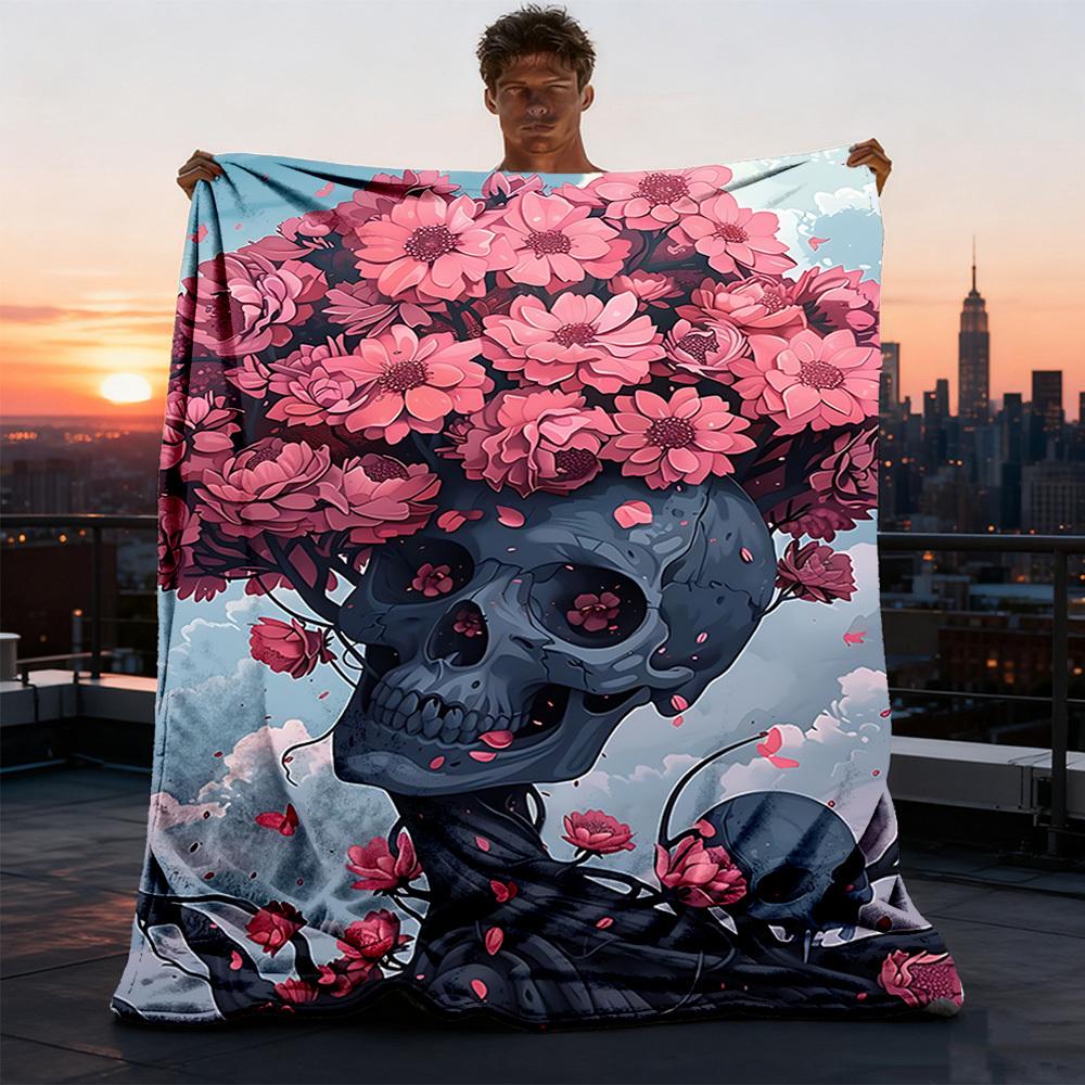 1pc Floral Skull Artwork Print Outdoor Blanket, Lightweight Polyester,