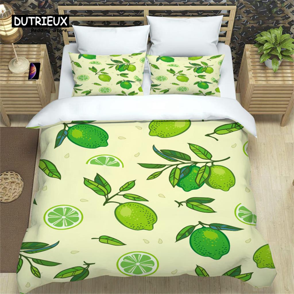 Summer Tropical Fruit Bedding Set Cartoon Fruits Orange Lemon Print Duvet Cover Microfiber Double Comforter Cover Bedroom Decor