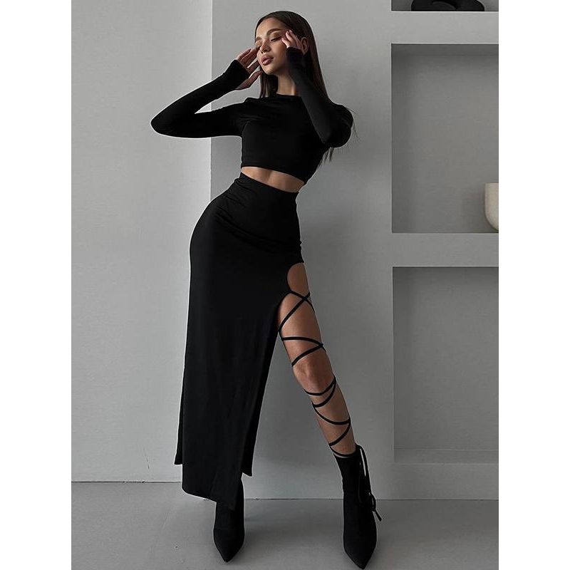 Xiaoke Wiwi European and American Ins Style Sexy Temperament Hollow out Long sleeve Top Irregular Skirt Fashion Two-piece Set