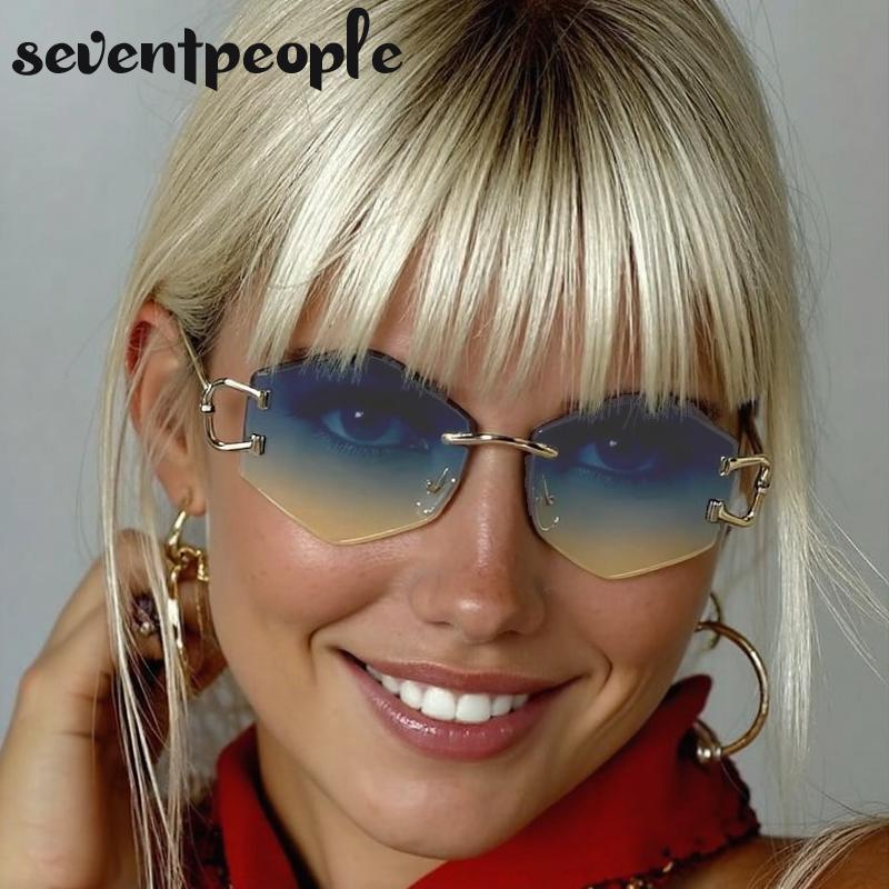 Small Frame Polygon Rimless Sunglasses Women Luxury Brand Vintage Steampunk Hexagon Sun Glasses For Ladies Outdoor Shades
