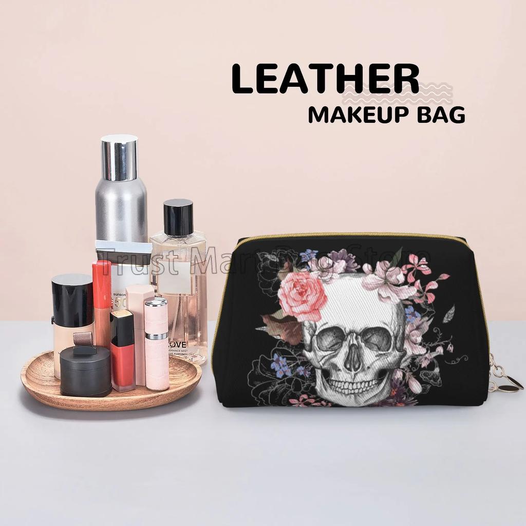 Vintage Grunge Gothic Skull Roses Floral Print Large Travel Makeup Bag Pouch Women Cosmetic Bags Leather Waterproof Toiletry Bag