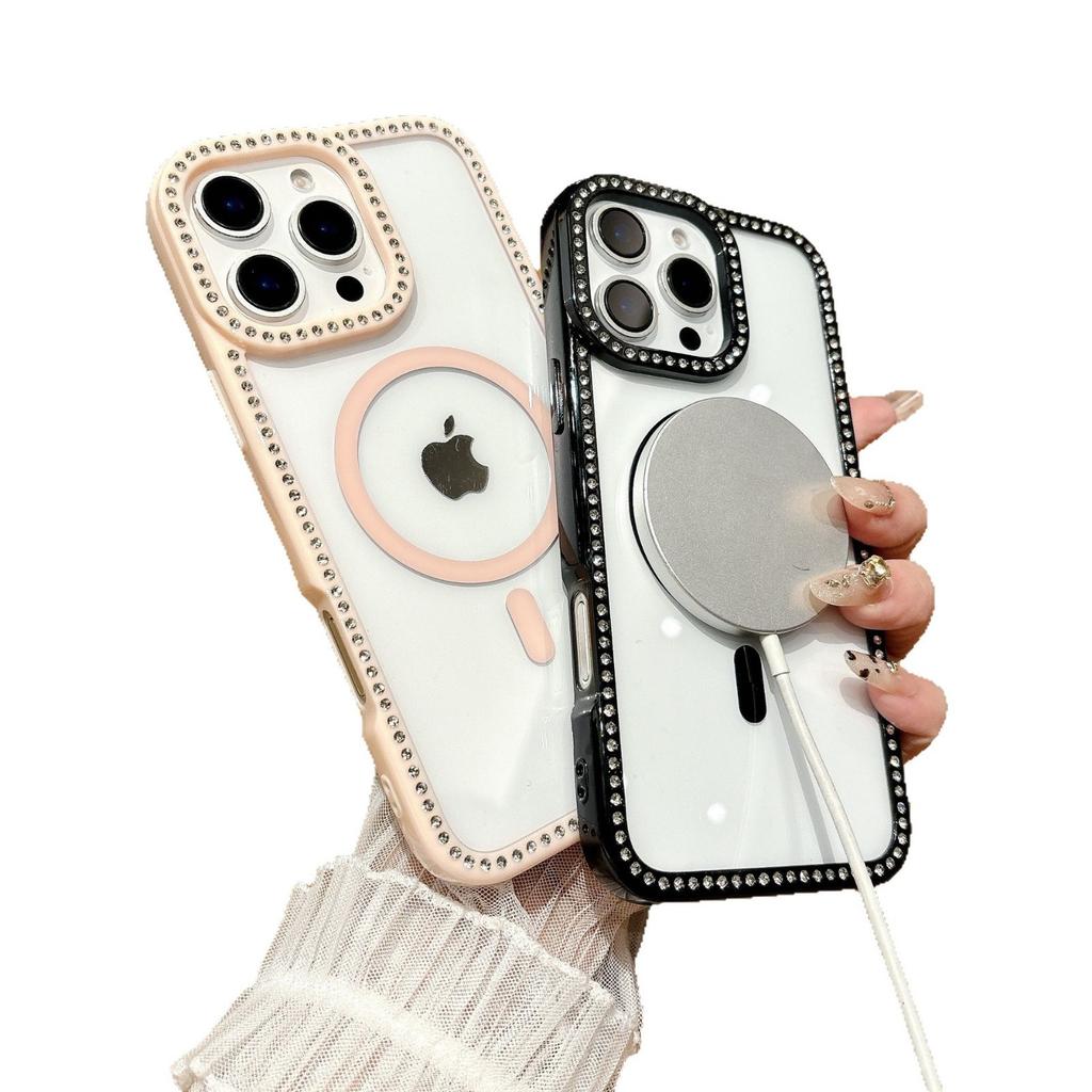 Applicable To IPhone15 Transparent Groove Anti-fall Mobile Phone Case Apple 16 ProMax Candy Rhinestone Magnetic Protective Case
