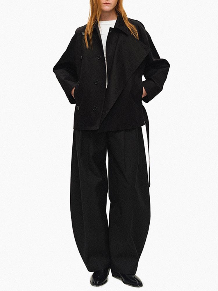 American Short Lapel Trench Coat: High-End Waist-Defining Double-Breasted Loose Long Sleeve Jacket for Women