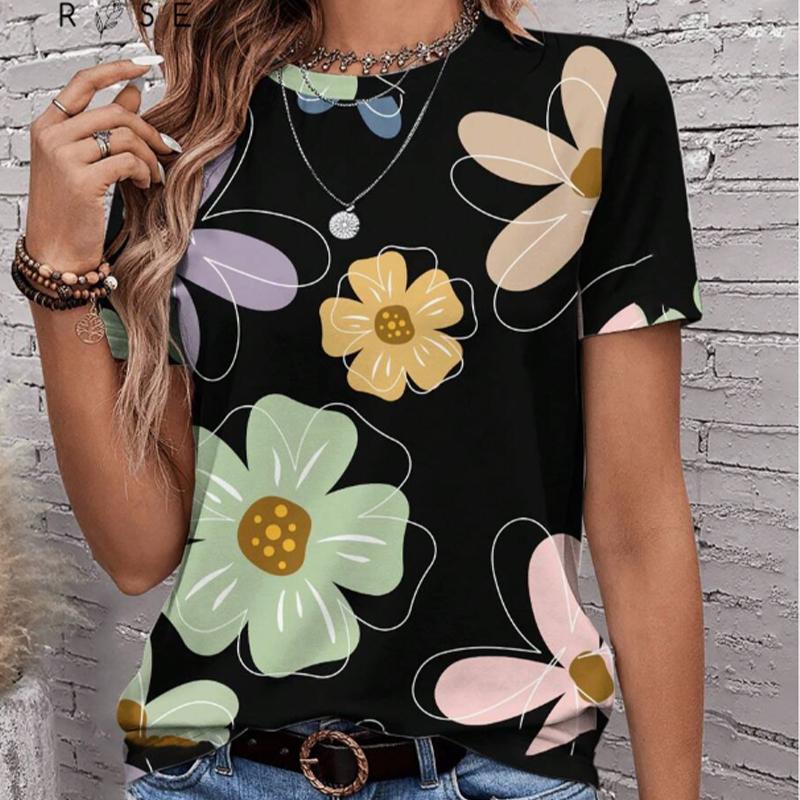 

Женская летняя футболка с цветочным принтом в стиле ретро, футболки с коротким рукавом, повседневные топы с принтом 3XL чёрный