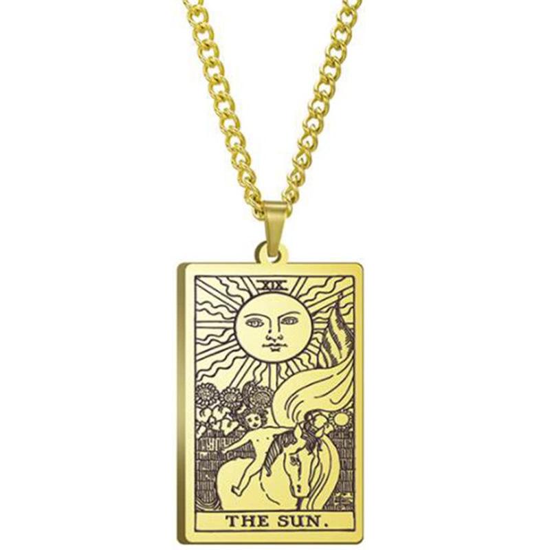 Tarot Stainless Steel Necklace Men'S Hip Hop Personality Retro Square Pendant Sweater Necklace
