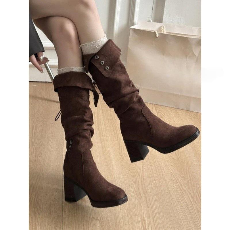 Vintage Suede Two Wear Boots Women's Season High Heel Pile Boots Tall Western Boots