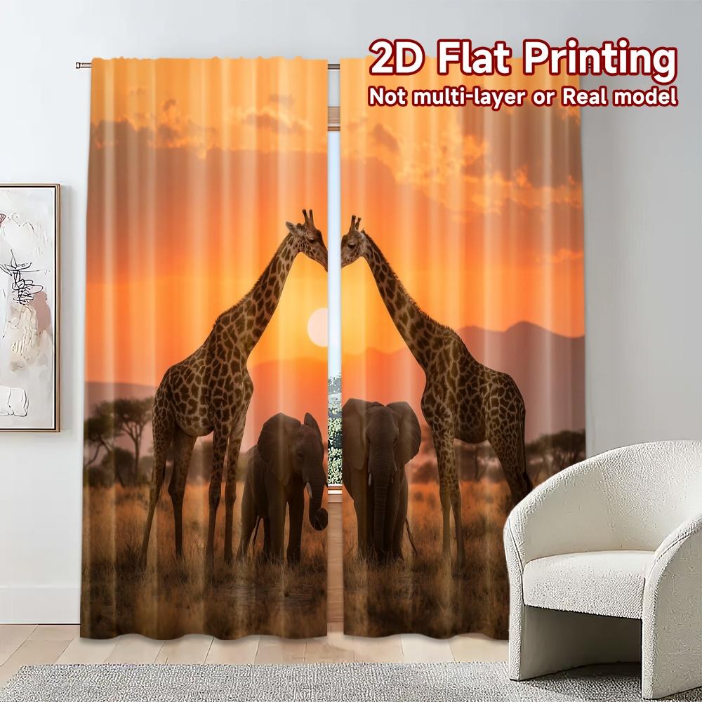 Set Of 2 Modern Flat Printing Curtains Without Rod Sunset Safari Curtain Durable Polyester Fabric All