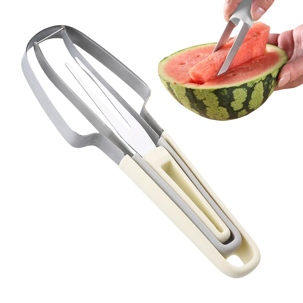 

Watermelon Cutter Slicer Stainless Steel Fruit Cutting Gadgets With Fork Set Kitchen Gadgets Watermelon Banana Tool For Camping бежевый