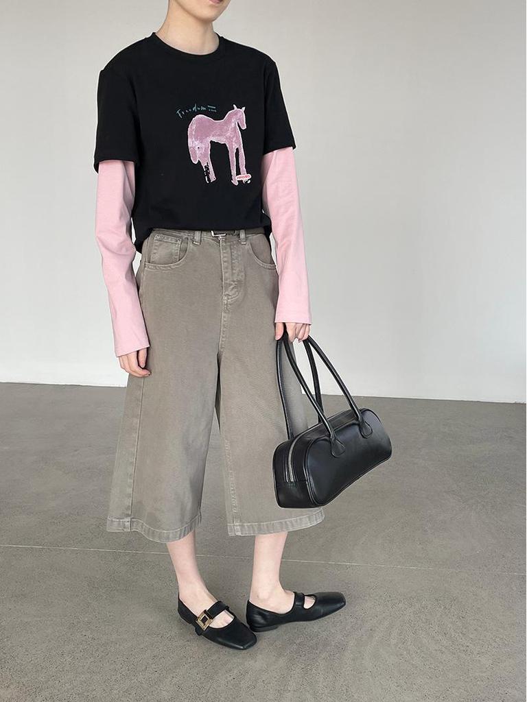 Taoguan Frühling Damen Schlankmachendes Rundhals-T-Shirt mit kleinem Pferdeaufdruck Two-in-One