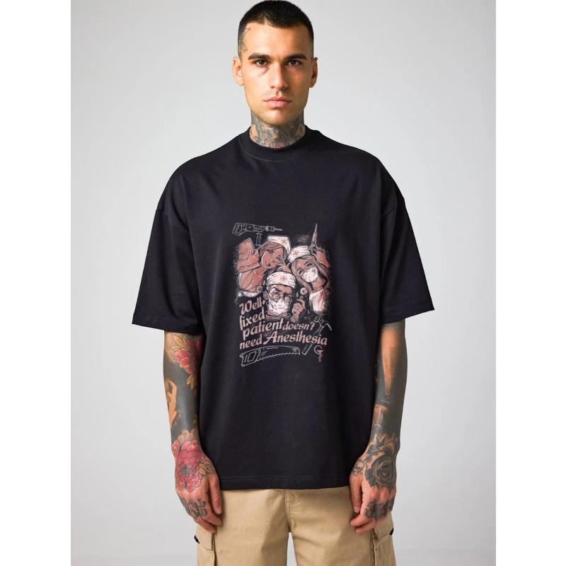 Übergroßes T-Shirt Schwarz Gut Fixierter Patient Braucht Keine Anästhesie Grafikdruck Streetwear Freizeitkleidung