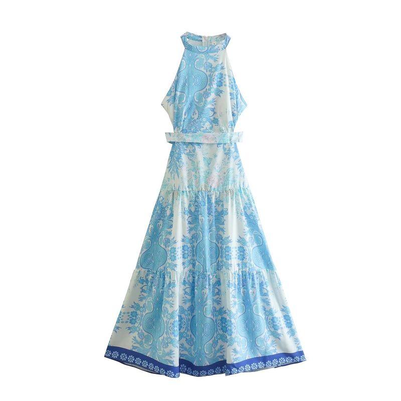 

Women s New Fashion Wind Midriff Outfit Print Dress Light Blue XS