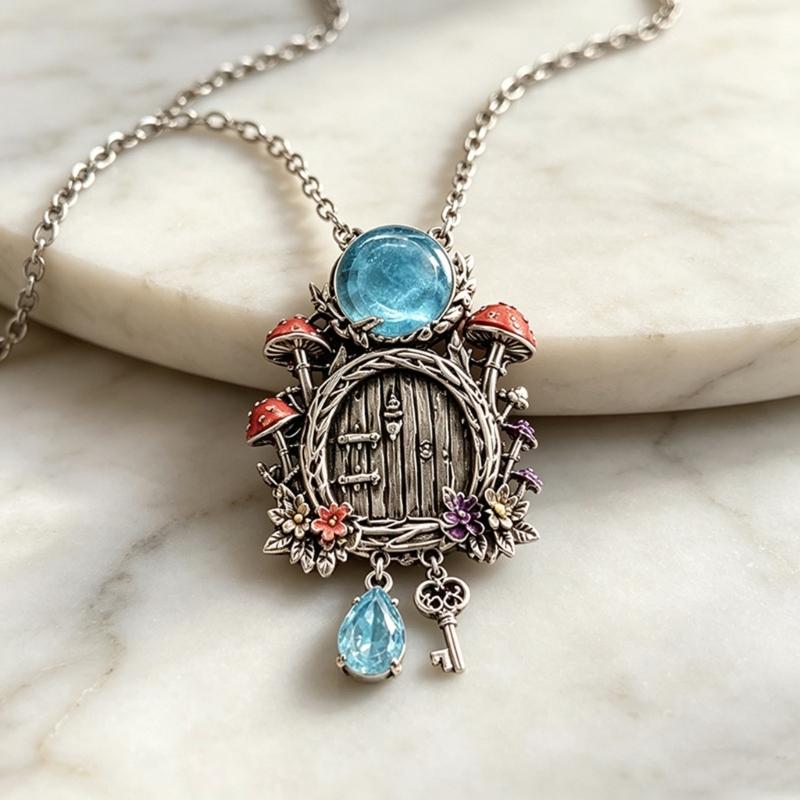 Mushroom Cottage Pendant Necklace with Dimensional Relief, Floral and Leaf Details, Blue Teardrop Dangle, and Vintage-Inspired Alloy Finish