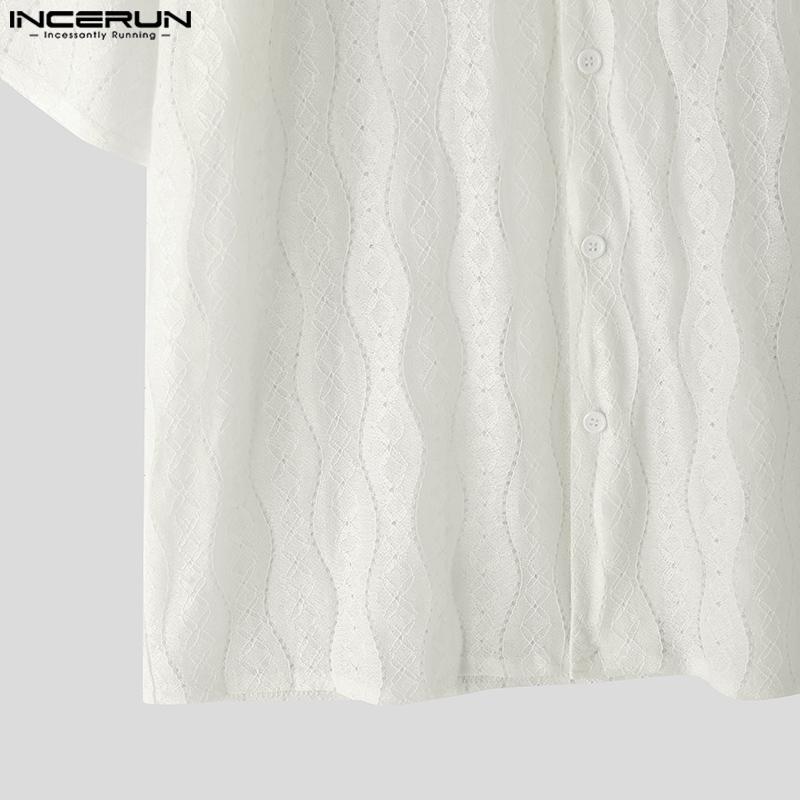 INCERUN Men Beading Neck Short Sleeve Lace Crochet Casual Oversized Shirts