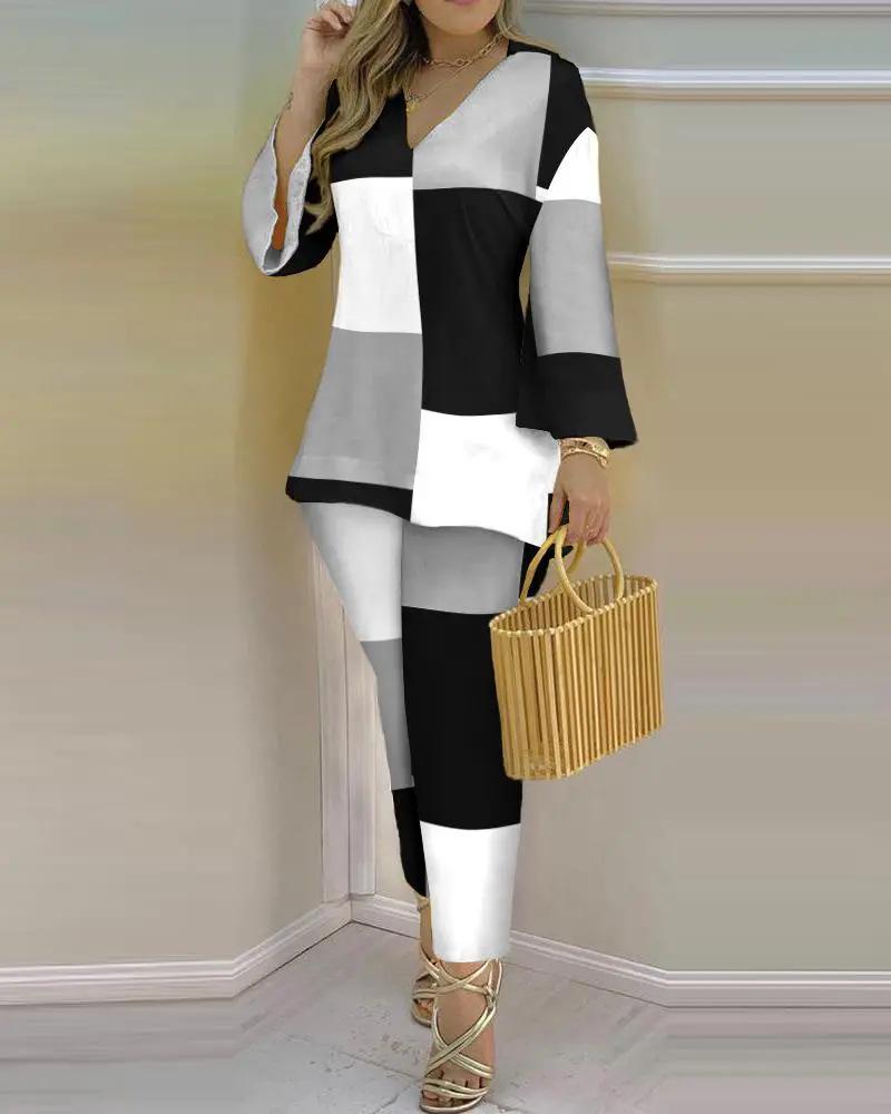 2023 Spring Women's European & American V-Neck Long-Sleeve Fashion Set