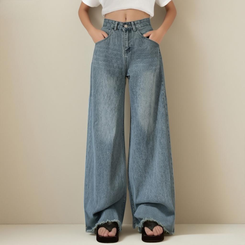 Women's Wide-leg Jeans, High-waisted Loose-fitting Jeans, Boyfriend Jeans, Elastic Waist, Stretch Jeans, Wide-leg Jeans