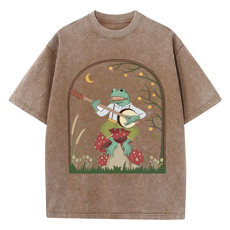 Frog Playing Banjo On Mushroom Printed Washed T-Shirt Women Casual Cotton T Shirt Y2K Tops Summer Oversize Streetwear
