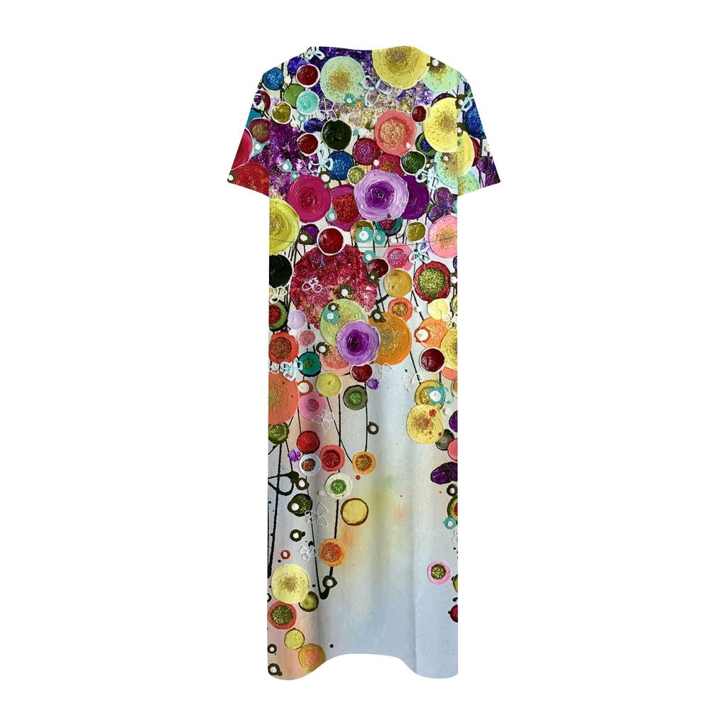 Summer Dress For Women Casual Printed V-Neck Short-Sleeve Beach Swing Dress