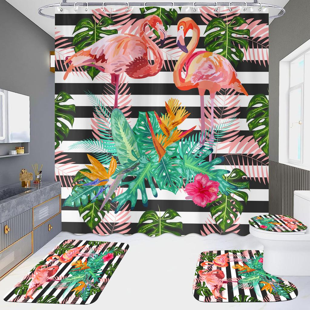Pink Flamingo Printing Shower Curtain Set For Bathroom Non Slip Lovebird Bath Mat And Curtain Set Bath Rug Toilet Carpet