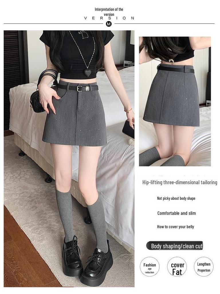 2025 Frühling/Sommer Damen High Waist Grau A-Linien Anzugrock mit schlankmachenden Sicherheits-Shorts