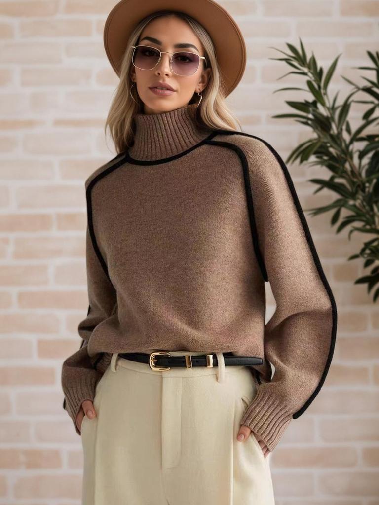 Herbst Winter Rollkragen Gestreifter Strickpullover Damen Lockerer Pullover