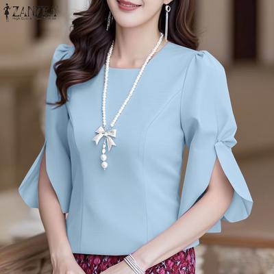 Women Casual O-neck Split 3/4 Sleeve Loose Blouse