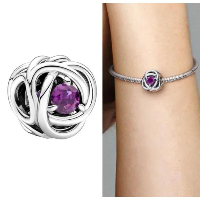 Silver S925 Twelve Month Birthstone Heart Eternity Charms Beads Pendant Fit Original Bracelet for Women DIY Fine Jewelry