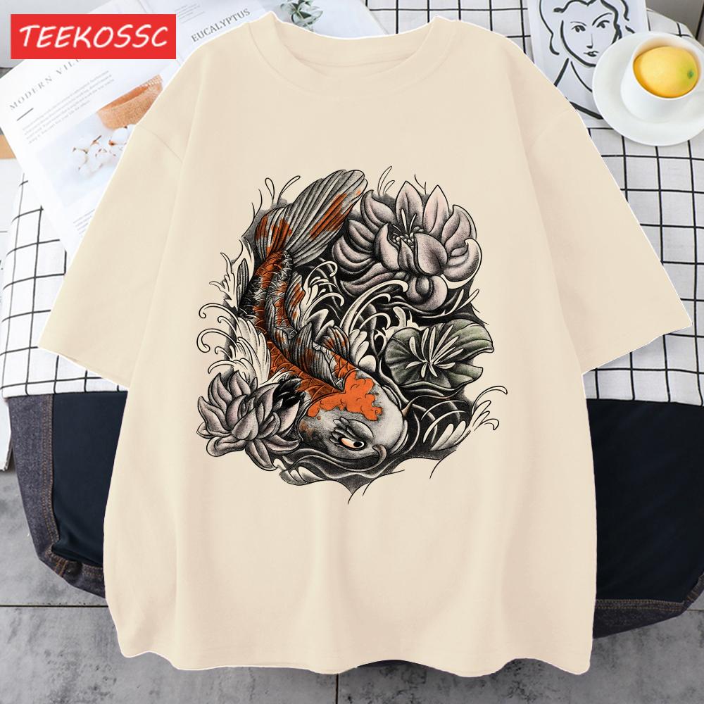 Japanese Harajuku Lotus Koi Print Men T Shirts AllMatch Cotton TShirt Casual Crewneck Loose Streetwear Man Summer Basics Top
