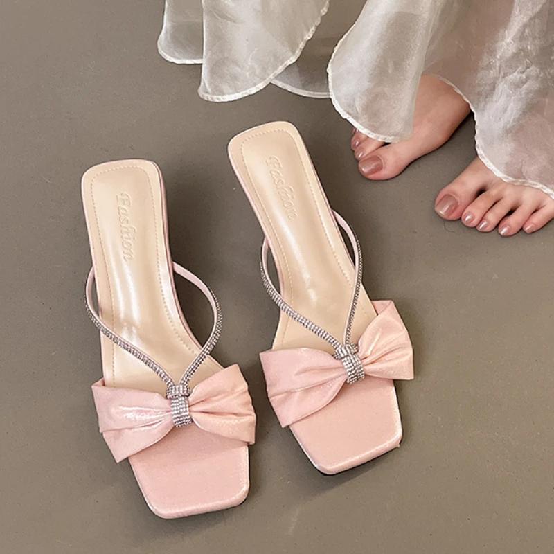 Fashion Luxury Crystal Women High Heels Slippers Bow Heeled Shoes Woman Slides Fashion Flip Flops Pumps 2025 Summer Sandalias De Mujer