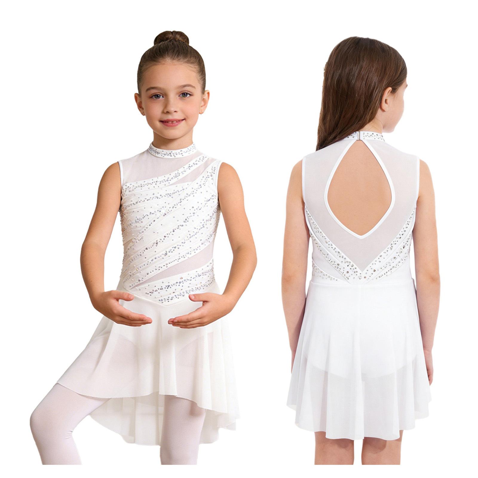 Ärmelloses Tanzkleid für Mädchen mit Rückenausschnitt, transparentem Mesh-Einsatz, asymmetrischem Saum und glänzenden Strasssteinen für lyrischen Tanz 13-14 Years weiß