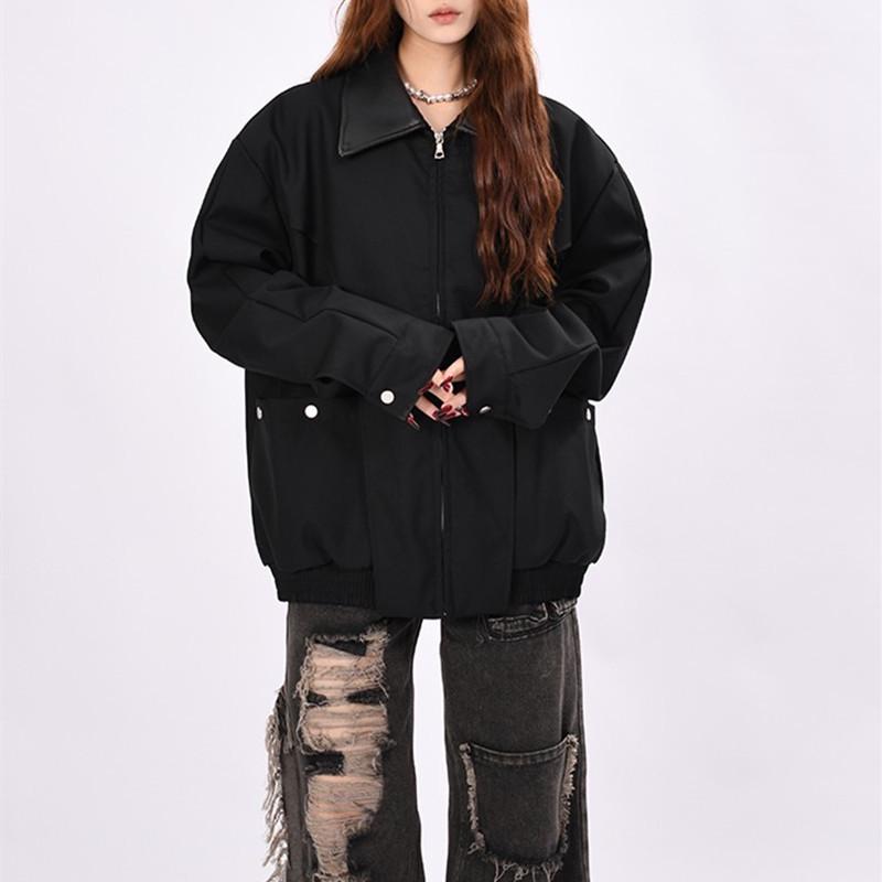 

Unisex Retro High Street Turn-Down Collar Jacket with Big Pockets - Spring/Autumn Loose Fit Medium чорний