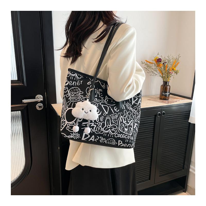 Chic 2026 Graffiti Print Faux Leather Tote Bag for Women, Spacious Casual Shoulder Handbag, Trendy Daily Commute Underarm Bag CLE