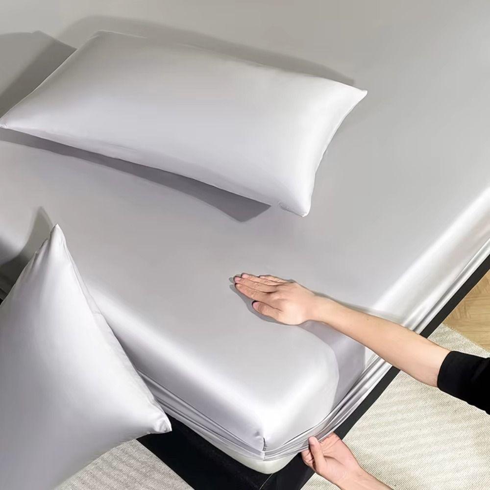 Solid Color Mattress Cover Satin Silk Mattress Pad Bed Cover Bedspread Bedroom