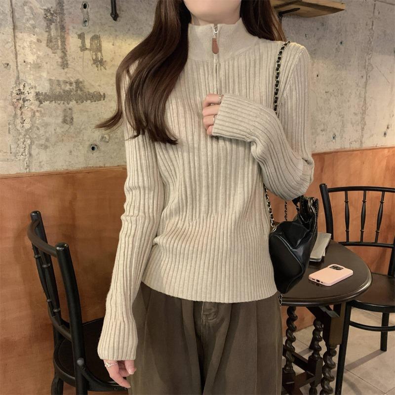 Black sweater autumn and winter semi-turtleneck zipper knitted sweater women's texture feeling inside with a base long-sleeved versatile top