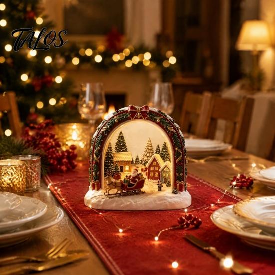 Christmas Tree Wooden Figurines Tabletop Decor with Warm LED Lights, 2D Printed Snow Village Scene Decorative Church And Sleigh Sets Santa Reindeer