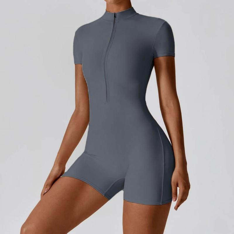 Dámský Jumpsuit na Jógu s Zipem Vpředu, Krátkým Rukávem, na Tanec, Fitness, Cvičení, Těsný Bodysuit