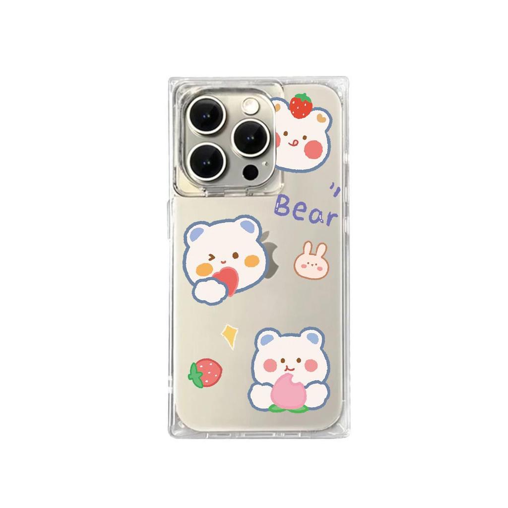 Square Back Tube Protection Clear Case For iPhone 11 14 Pro Max 13 12 16 ProMax 15 Plus Anti-Oxygen,Strawberry Bear Pattern Casing