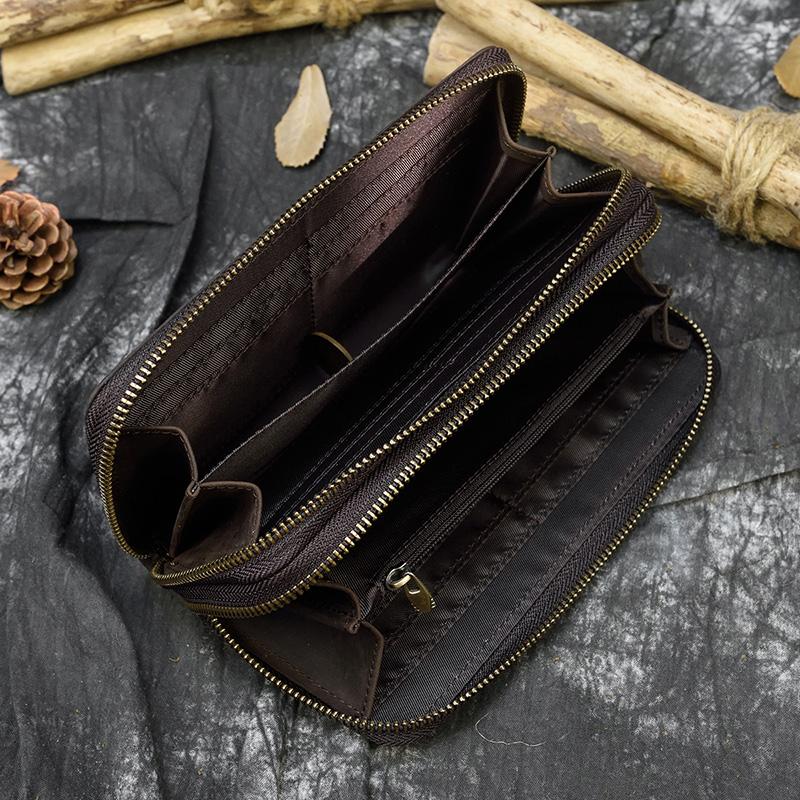 Retro Crazy Horse Leather Purse for Men Clutch Purse Double Zipper 24 Cards Clutches Vintage Woman Genuine Leather Long Wallet