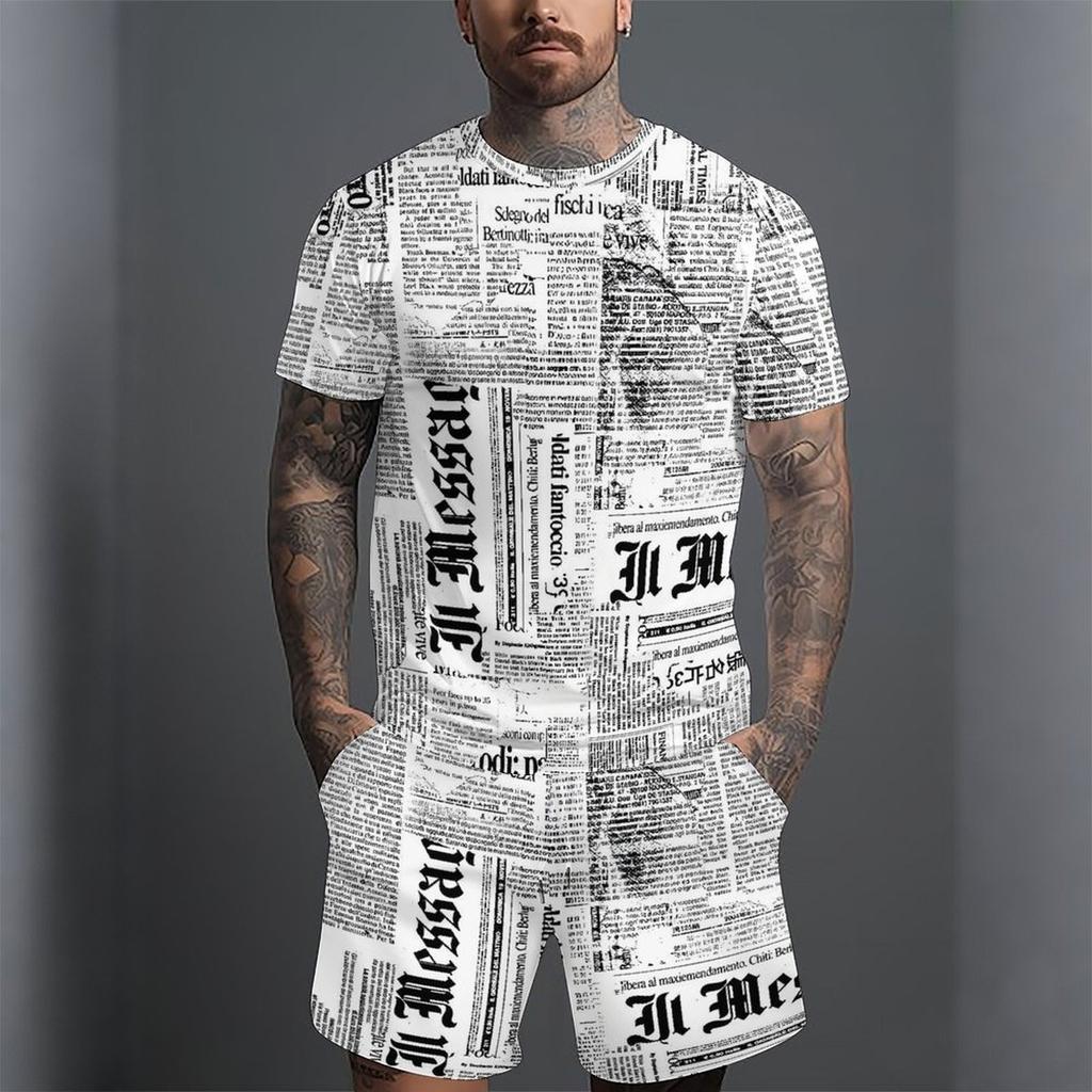Men Vintage Newspaper Text Full Print Short Sleeve Tee And Matching Shorts Two Piece Outfit
