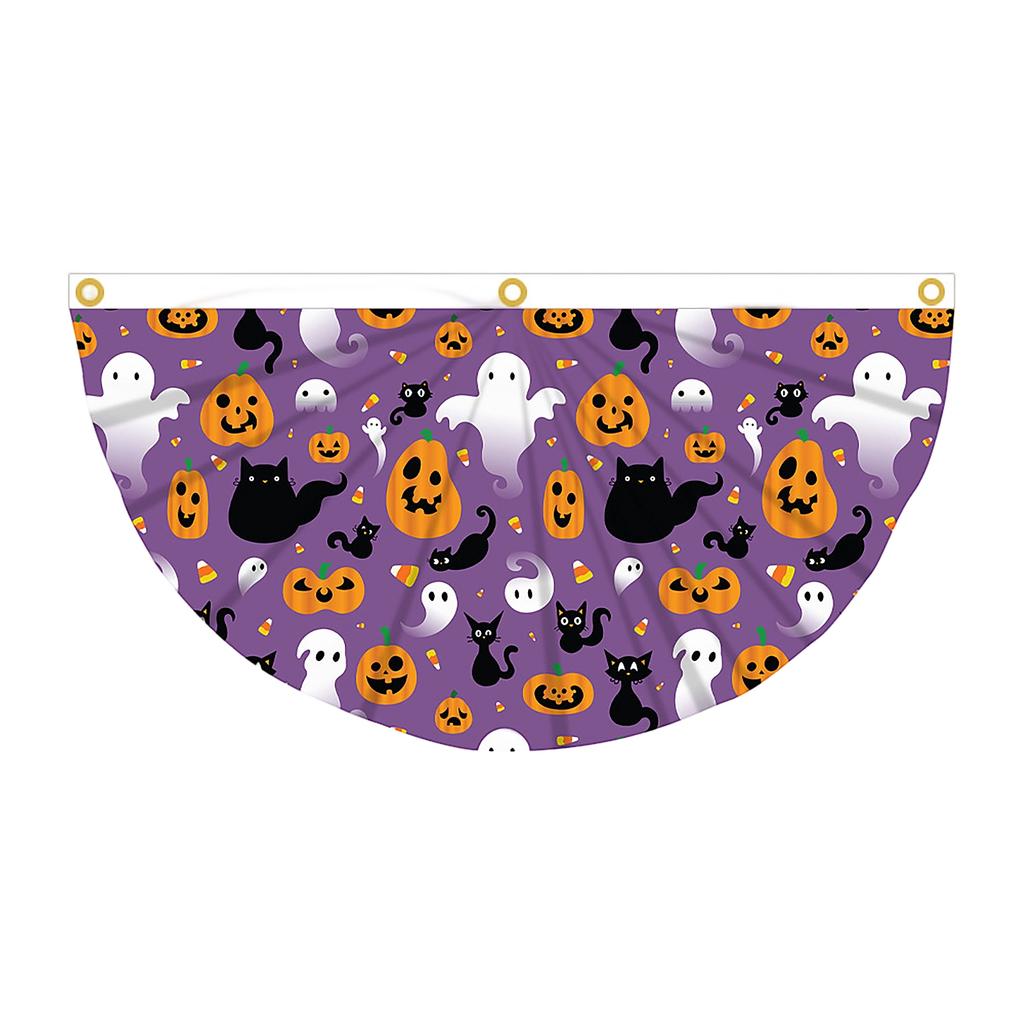 Halloween Theme Fan Shaped Banner 45x90cm Durable Polyester Fabric with Printed Patterns for Indoor Outdoor Decoration