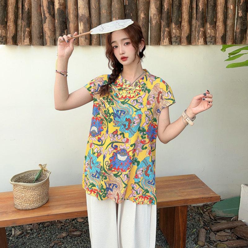Summer Rayon Blend Cheongsam Short Sleeve Tshirts Frog Closure Tops Floral Print New Chinese Style Plus size Independent Design