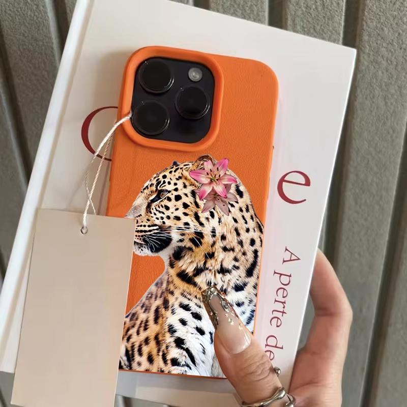 

Pink Lily Leopard Pattern Phone Case For iPhone 17 Pro Max 16 Plus 15 Pro 14 13 12 11 XR 17Air Lychee Textur Soft Cover iPhone 13 Pro Max помаранчевий