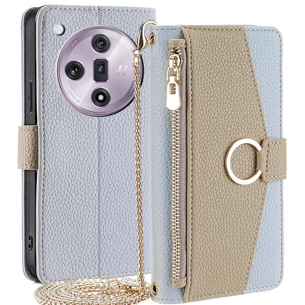 

For Oppo Find X7 5G Cell Phone Case Zipper Pocket Crossbody Cover with Makeup Mirror Blue
