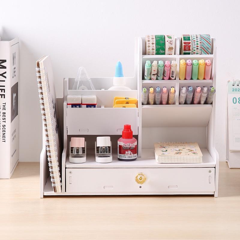 Large Capacity Wooden Desktop Organizer with Angled Pen Holder and Drawer