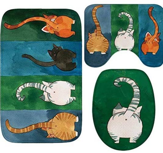 3D Kitten Bathroom Toilet Three-Piece Floor Mat Doormat Bathroom Carpet