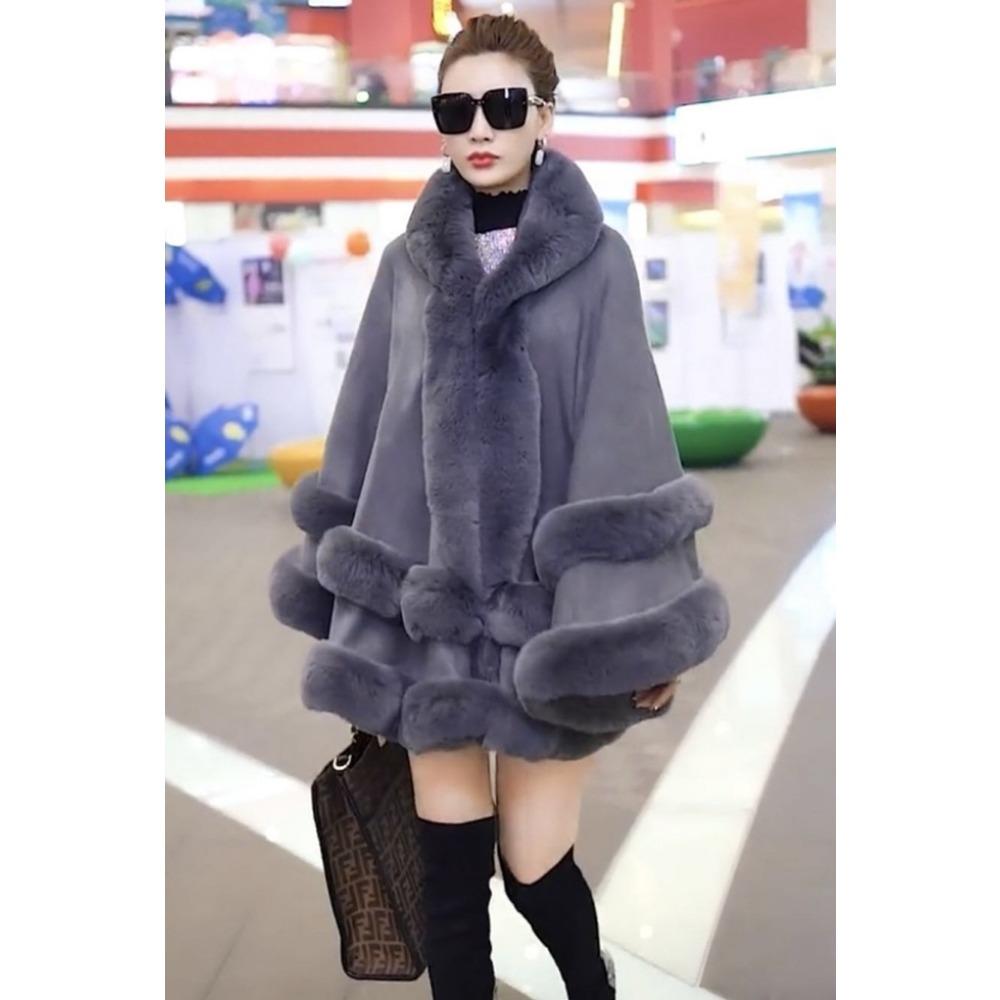 Women's Coat Autumn and Winter New Large Size Imitation Fur Collar Shawl Fur Hooded Knitted Cardigan Shawl Cape Jacket