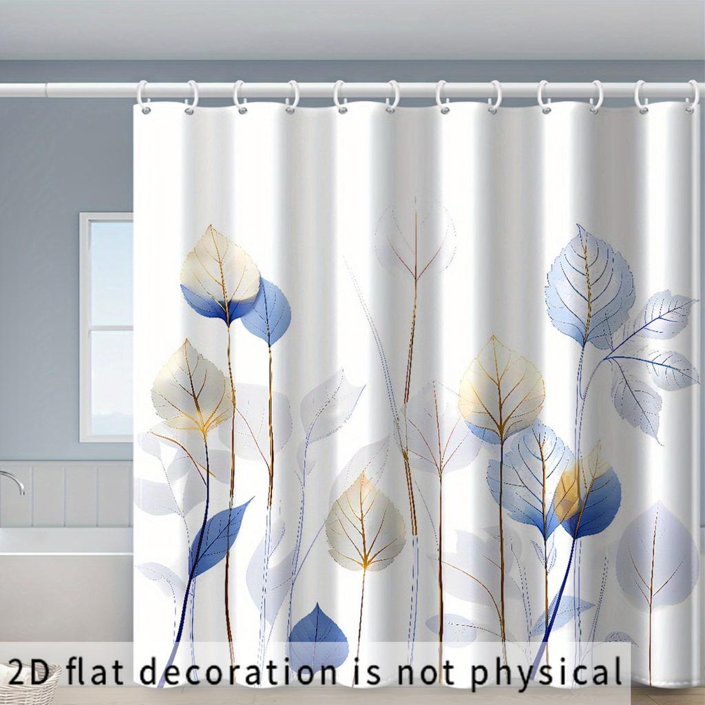 2D Flat, 2D Flat Shower Curtain, 1pc, Blue Tree Branch and Leaf Print Shower Curtain with 12 Hooks, Made of, Featuring Window an