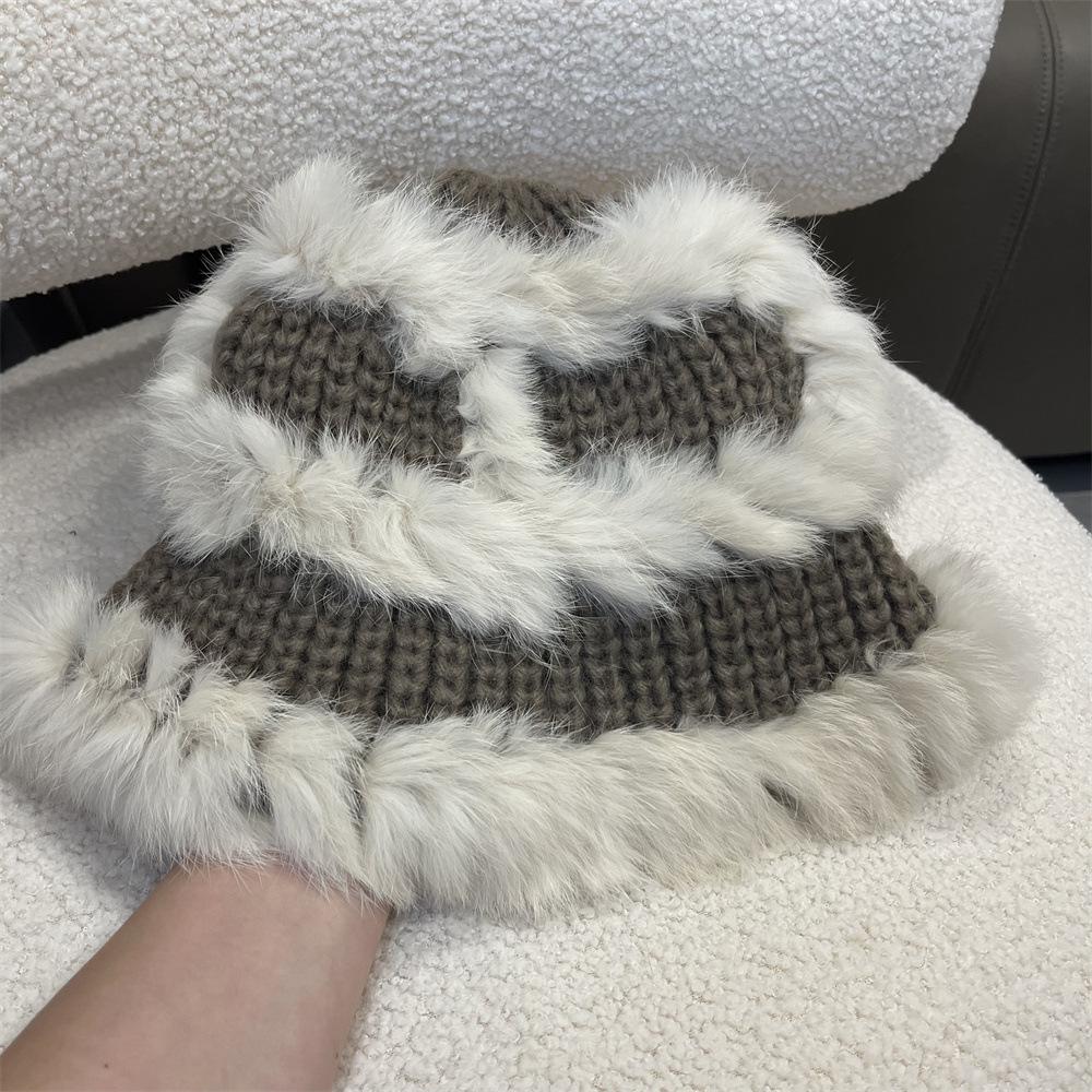 Rabbit fur hat women's autumn and winter thickened knitted hat cute face bucket hat warm wool hat plush lion hat