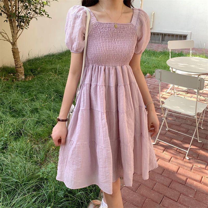 Spring Summer Chiffon Women Dresses Female Short Sleeve Elastic Waist Printed Floral Midi Dress Pleated Backless Casual Dress