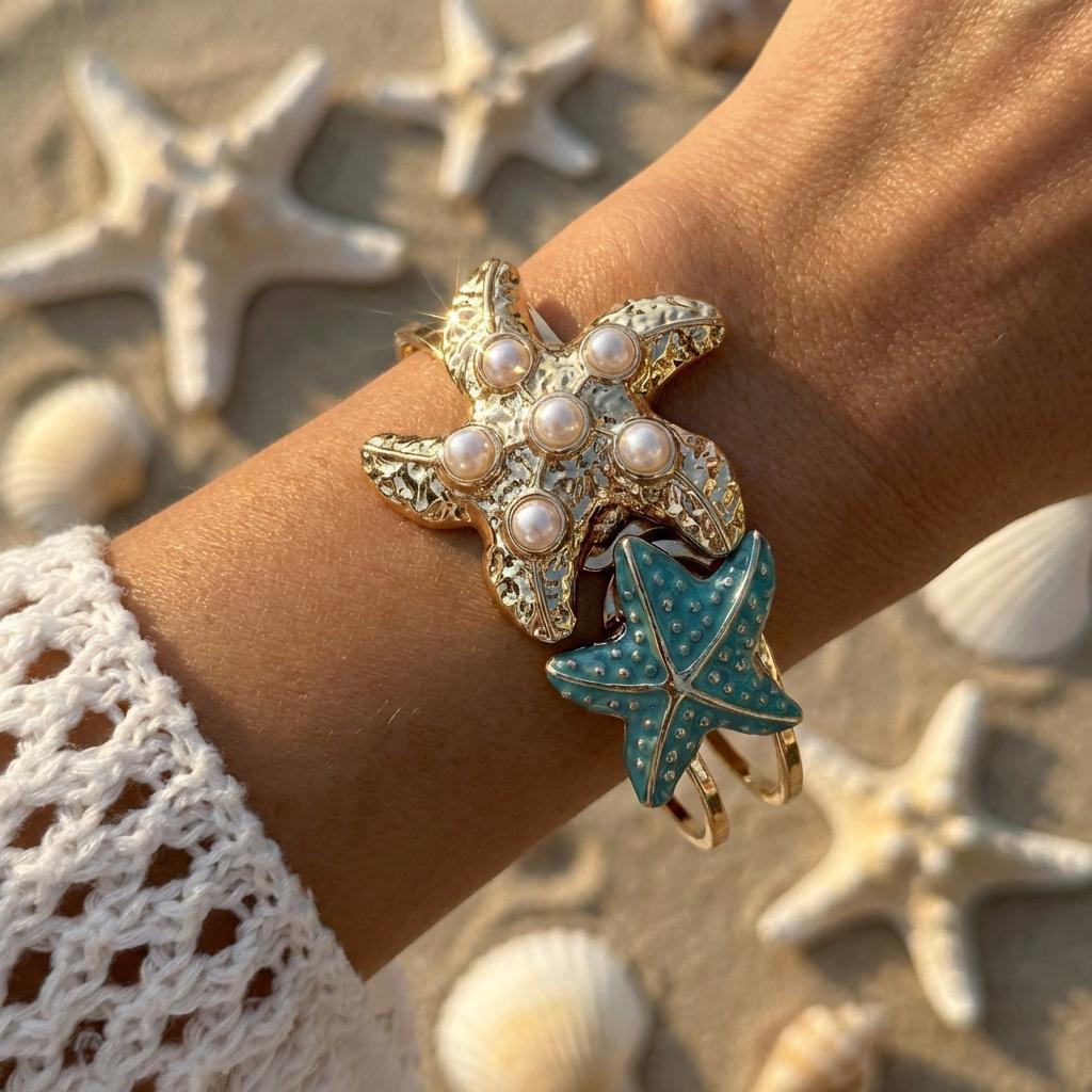 Vintage Aesthetic Imitation Pearl Starfish Bracelet For Women Gold Color Metal Texture Enamel Open Cuff Bangles Vacation Jewelry