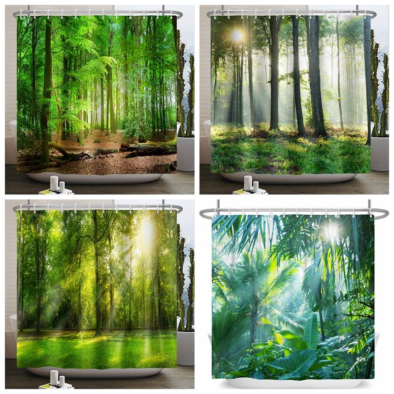 Naturlandschaft Wald Duschvorhang Sommer Dschungel Baum Sonnenlicht Landschaft Badezimmervorhang Heimdeko Wasserdichter Badvorhang